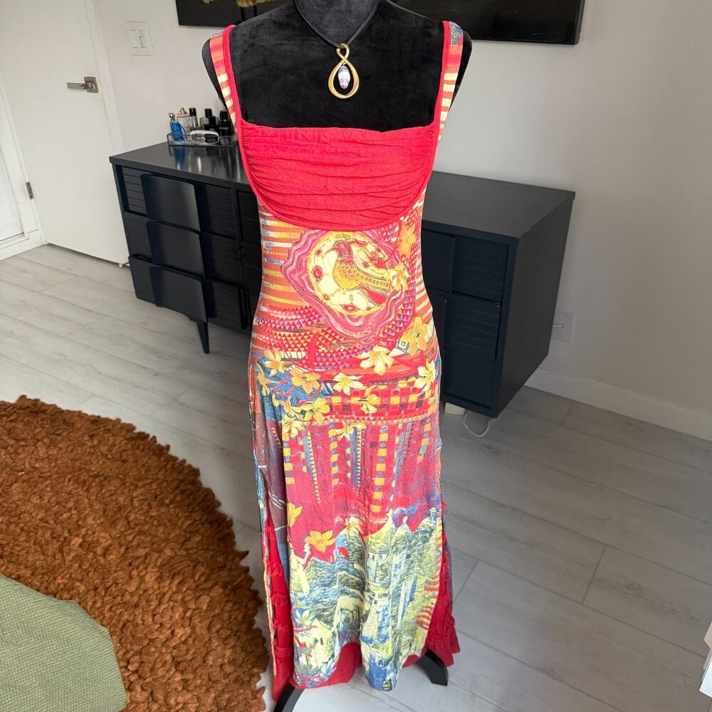 Save The Queen Vintage Red Maxi Dress Graphic Side Slit Ruffles y2k Mesh Euro